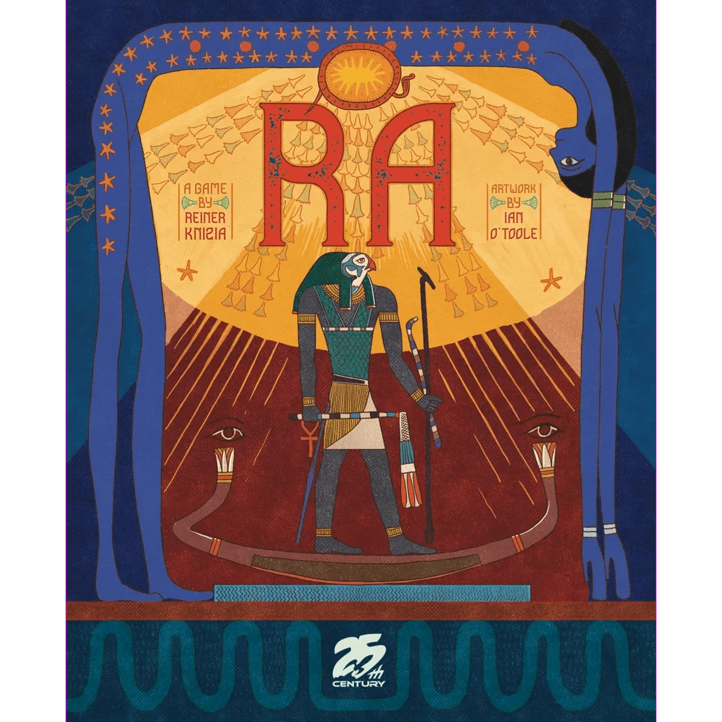 The image is of the board game 'Ra', featuring a colorful illustration of Egyptian-themed characters and a vibrant background, reflective of the Ancient Egyptian game's theme.