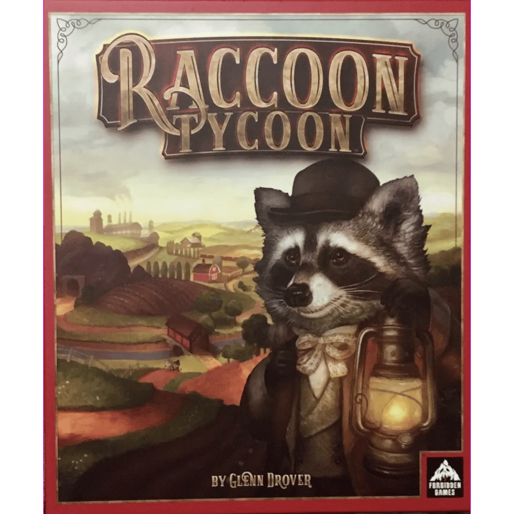 The cover of Raccoon Tycoon by Forbidden Games shows a raccoon in a suit and top hat holding a lantern, set in a countryside landscape with farms and fields behind him.