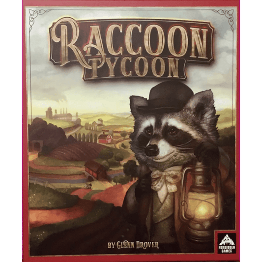 The cover of Raccoon Tycoon by Forbidden Games shows a raccoon in a suit and top hat holding a lantern, set in a countryside landscape with farms and fields behind him.