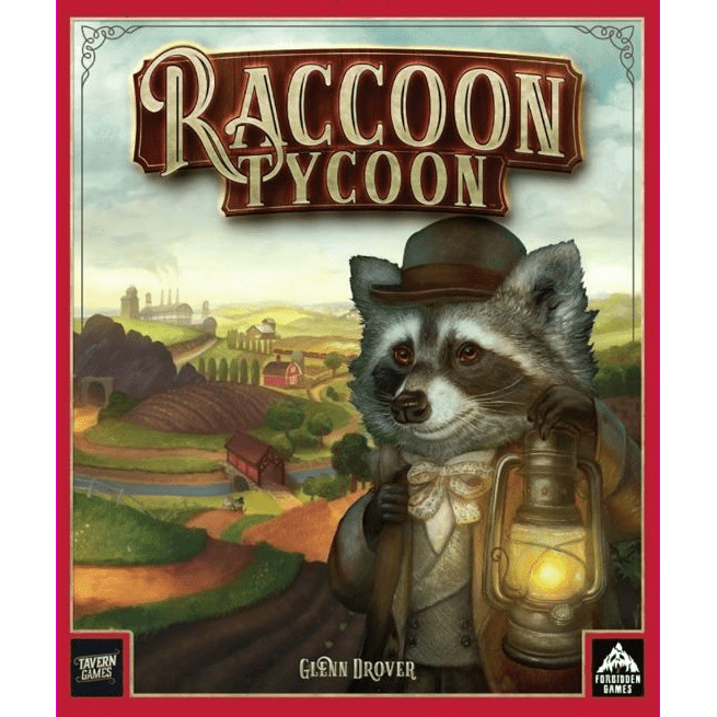 The Raccoon Tycoon NL board game by Tavern Games features a raccoon in vintage attire with a lantern, set before scenic Astoria, farms, and a village—ideal for aspiring tycoons trading handelswaar.
