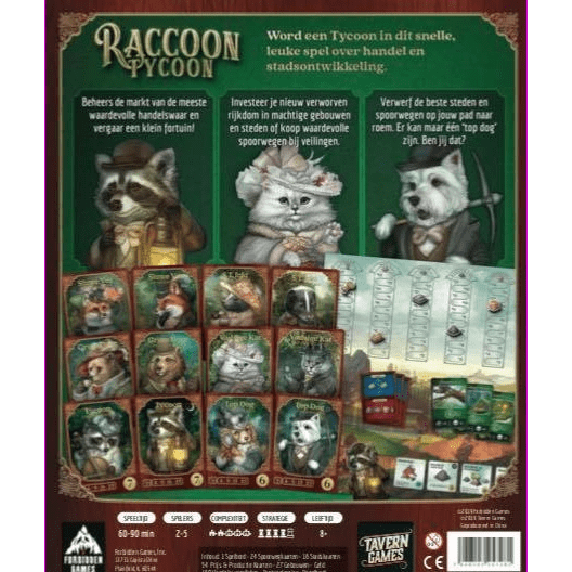 The back of the Raccoon Tycoon NL box by Tavern Games shows charming raccoon tycoons in Astoria, game components, cards, resources, and Dutch text about this playful animal-themed board game adventure.