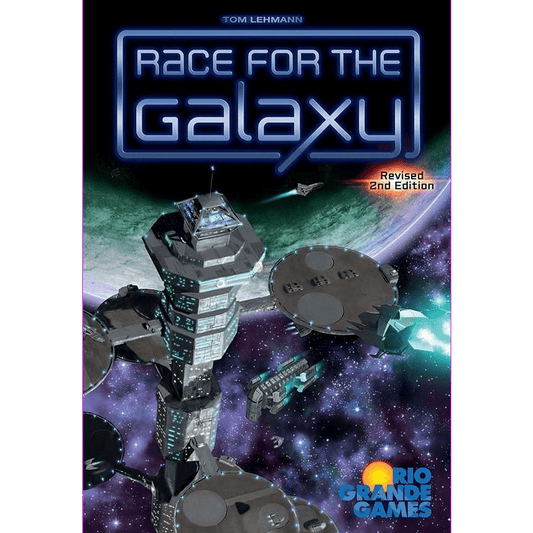 The Race for the Galaxy card game cover by Rio Grande Games shows a futuristic space station orbiting a planet, with the bold title and brand logo, suggesting intense competition among galactic civilizations.