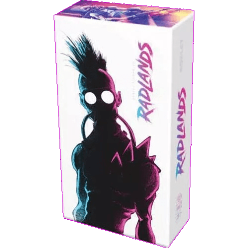 The Radlands game box by Roxley Games is rectangular, with bold pink and blue title and stylized art of a punk with a mohawk, white eyes, and spiked shoulder pads, reflecting its post-apocalyptic dueling card theme.