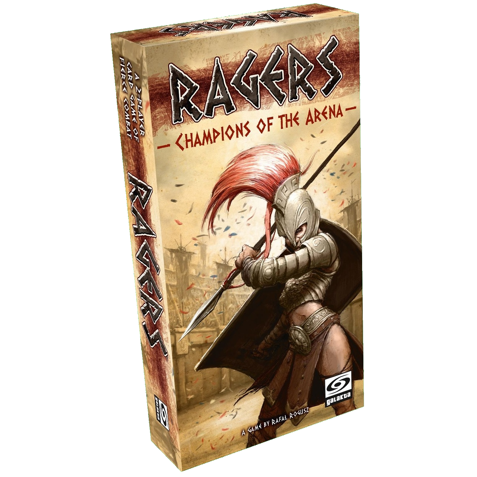 The box for Galakta’s Ragers Champions of the Arena shows an armored warrior with a red-plumed helmet, sword drawn, ready for battle before a coliseum backdrop.