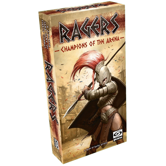 The box for Galakta’s Ragers Champions of the Arena shows an armored warrior with a red-plumed helmet, sword drawn, ready for battle before a coliseum backdrop.