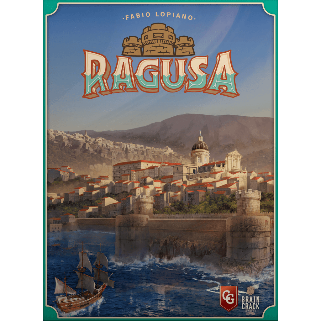 Box cover art for Ragusa by Braincrack Games, showing a historic coastal city with stone towers, a grand church, mountains, and ships—capturing its rich worker placement and engine-building board game play. Title and publisher logos are visible.