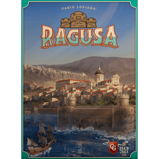 Box cover art for Ragusa by Braincrack Games, showing a historic coastal city with stone towers, a grand church, mountains, and ships—capturing its rich worker placement and engine-building board game play. Title and publisher logos are visible.