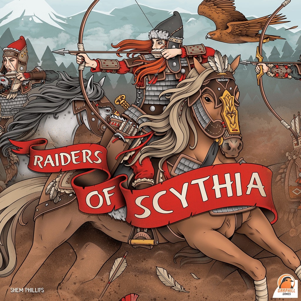 The illustrated cover of Raiders of Scythia by Renegade Game Studios features a red-haired armored warrior on horseback aiming a bow, with fellow riders, an eagle, mountain scenery, and a bold red title banner above.