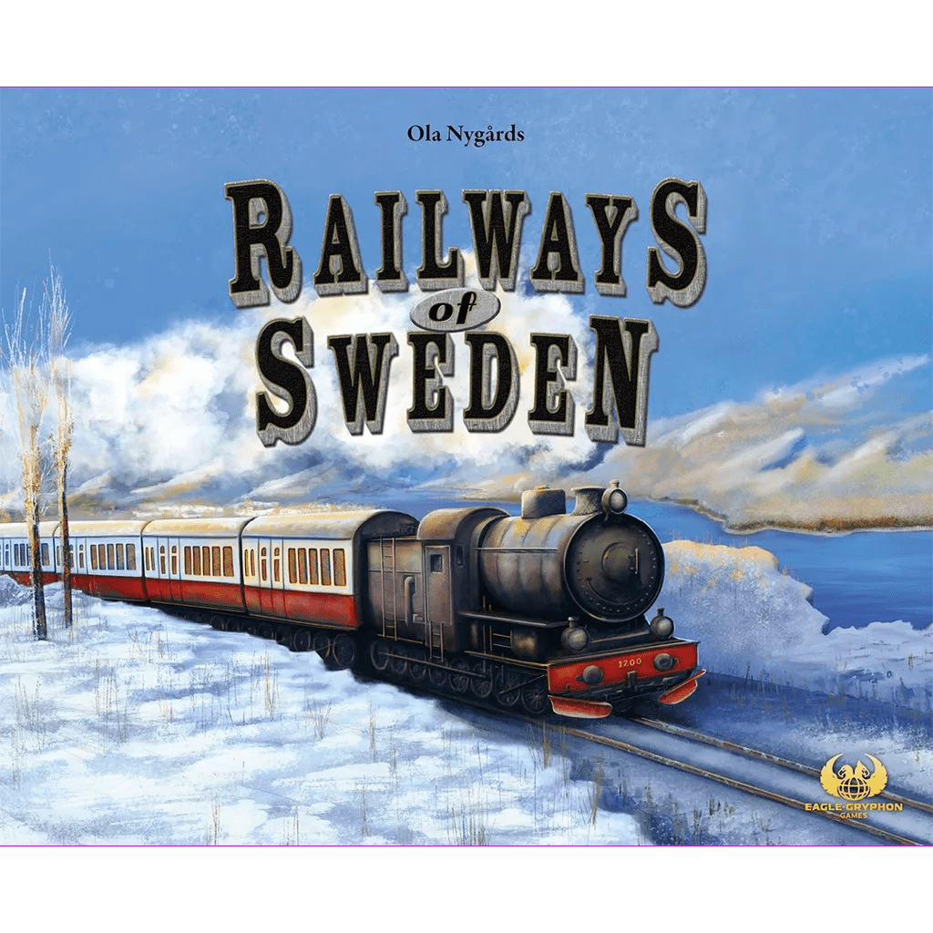 A vintage steam train crosses a snowy landscape under a blue sky. Bold text reads Railways of Sweden (Expansion for Railways of the World) by Eagle-Gryphon Games above the train, evoking the golden era of Swedish railways.
