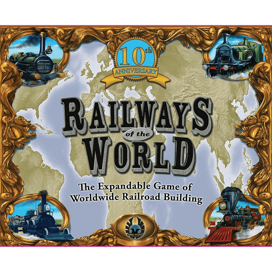 Cover for Railways of the World (10th Anniversary Edition) by Eagle-Gryphon Games, showcasing ornate gold frames, vintage trains, and a world map—an expandable railroad tycoon board game for classic railway adventure fans.