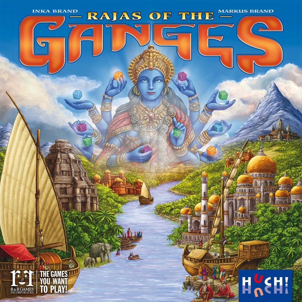 Vibrant cover art for Huch’s Rajas of the Ganges - EN/DE/FR, a strategy board game set in 16th century India, shows a multi-armed blue deity with dice above a river amid boats, domed buildings, greenery, and distant mountains.