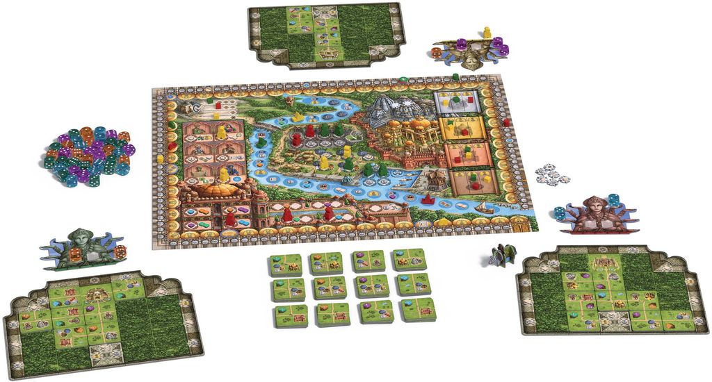 A vibrant Rajas of the Ganges - EN/DE/FR board game by Huch is set up with the main board featuring rivers and buildings, four player boards, plus tiles, dice, and tokens neatly arranged for play.