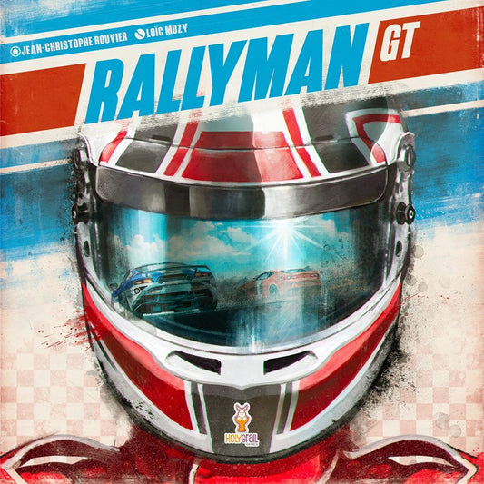 A stylized racing helmet with cars reflected in the visor, "Rallyman GT" by Holy Grail Games above, and a checkered pattern below create an exciting image for this thrilling board game.