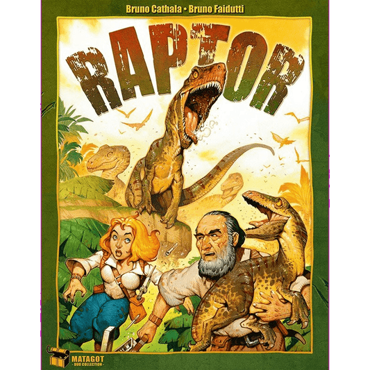 The board game cover for Raptor by Matagot shows dynamic dinosaurs, including a fierce raptor, alongside a woman and an older man. The title RAPTOR is boldly displayed at the top of this tactical card game.