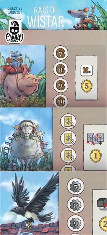 Three illustrated cards from Cranio Creations' Rats of Wistar Bundle show a rat riding a pig, a rat on a sheep, and a black bird on a rooftop—each featuring point values and icons for the escape-from-lab adventure.