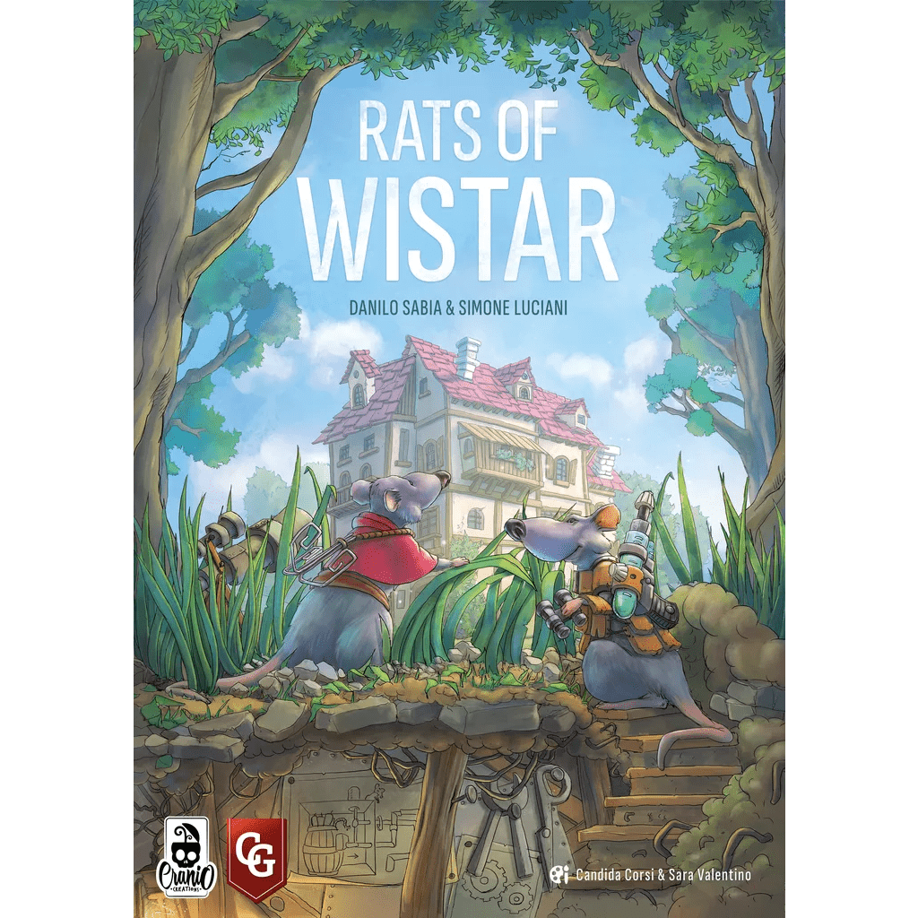 Illustration for the Rats of Wistar Bundle by Cranio Creations: Two dressed rats stand in tall grass before a grand house, while below, other rats work with tools in tunnels—plotting their escape.