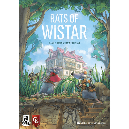 Illustration for the Rats of Wistar Bundle by Cranio Creations: Two dressed rats stand in tall grass before a grand house, while below, other rats work with tools in tunnels—plotting their escape.