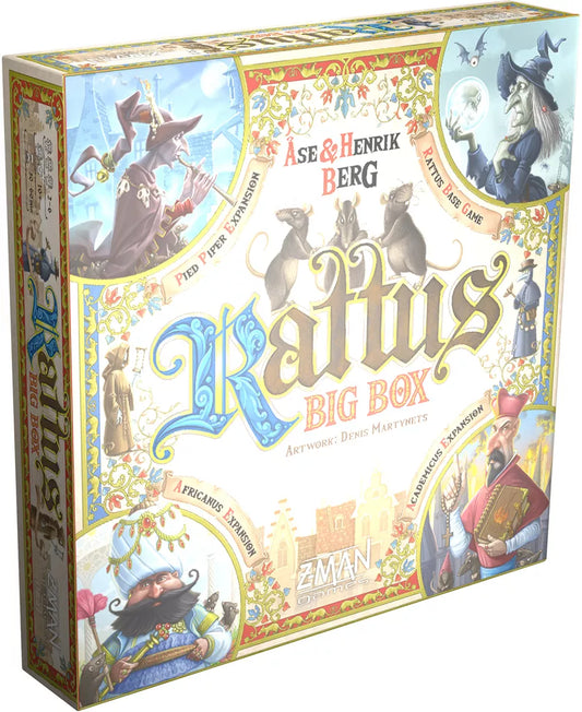 The image displays the box for Rattus Big Box by Z-Man Games, featuring medieval characters such as a plague doctor and rat catcher, with ornate details highlighting this plague strategy game inspired by the Black Death.