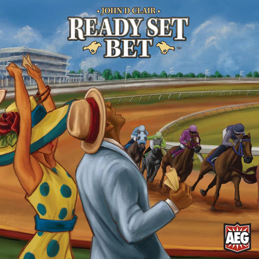 A lively scene from Ready Set Bet by Alderac Entertainment Group shows colorful spectators holding betting slips as horses and jockeys race around the track, with the grandstand visible in the background.