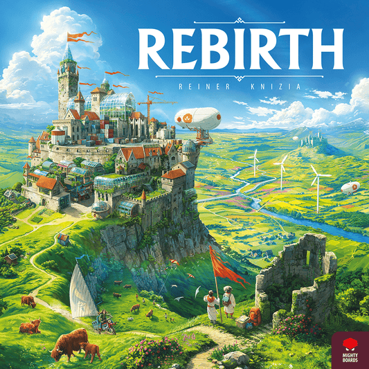 A colorful fantasy town perches on a cliff with wind turbines and airships behind. Two people hold red flags below. "Rebirth" and designer Reiner Knizia's names are at the top, alongside the Mighty Boards brand in the corner.