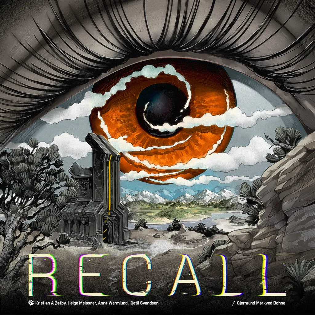 An orange-brown eye with cloudy iris overlooks a surreal landscape and futuristic building, evoking the mystery of a strategy exploration game. “RECALL” appears at the bottom, representing Recall by Alion Games.