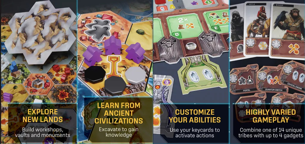 Recall by Alion Games is a strategy exploration game featuring pieces, cards, and tokens across four sections: discover new lands, learn from ancient civilizations, customize abilities, and enjoy diverse gameplay with unique tribes and gadgets.