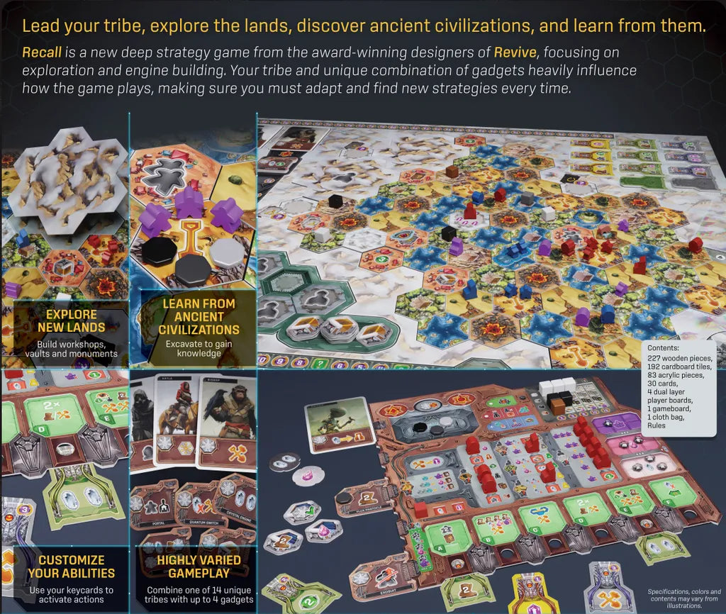 A vibrant Recall board game setup by Alion Games, featuring unique tribes, engine-building mechanics, exploration, adaptable strategies, and a mix of boards, cards, tokens, wooden pieces, and player components.