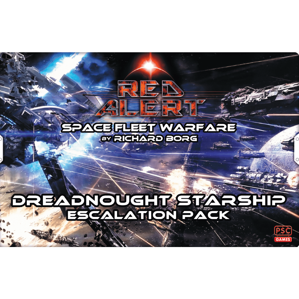 Box cover for Red Alert: Space Fleet Warfare – Dreadnought Starship Escalation Pack by PSC Games, depicting a dramatic space battle with starships firing lasers and explosions.