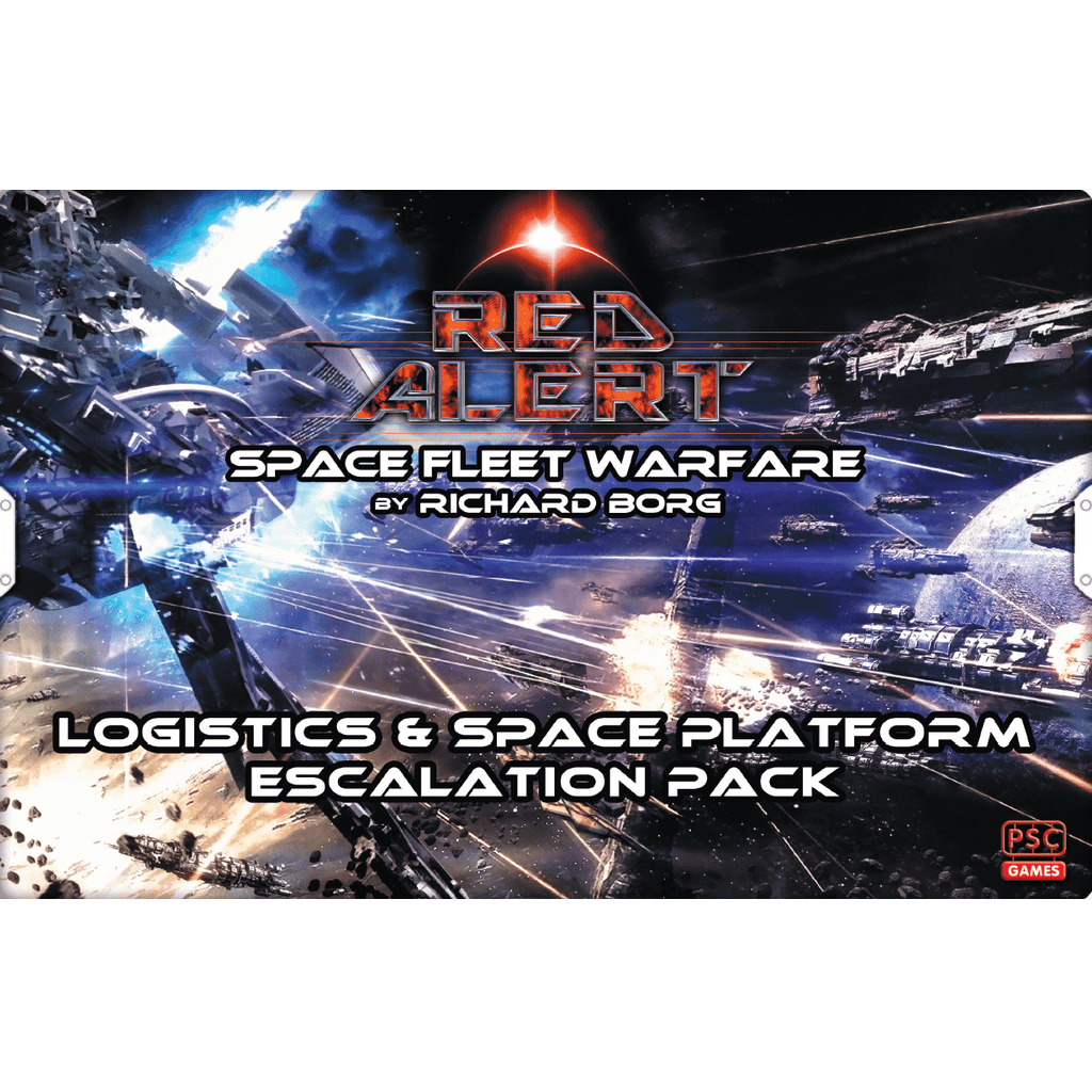 Box cover for PSC Games’ Red Alert: Space Fleet Warfare – Logistics & Space Platform Escalation Pack, depicting an epic space battle with starships, lasers, and explosions against a cosmic backdrop.