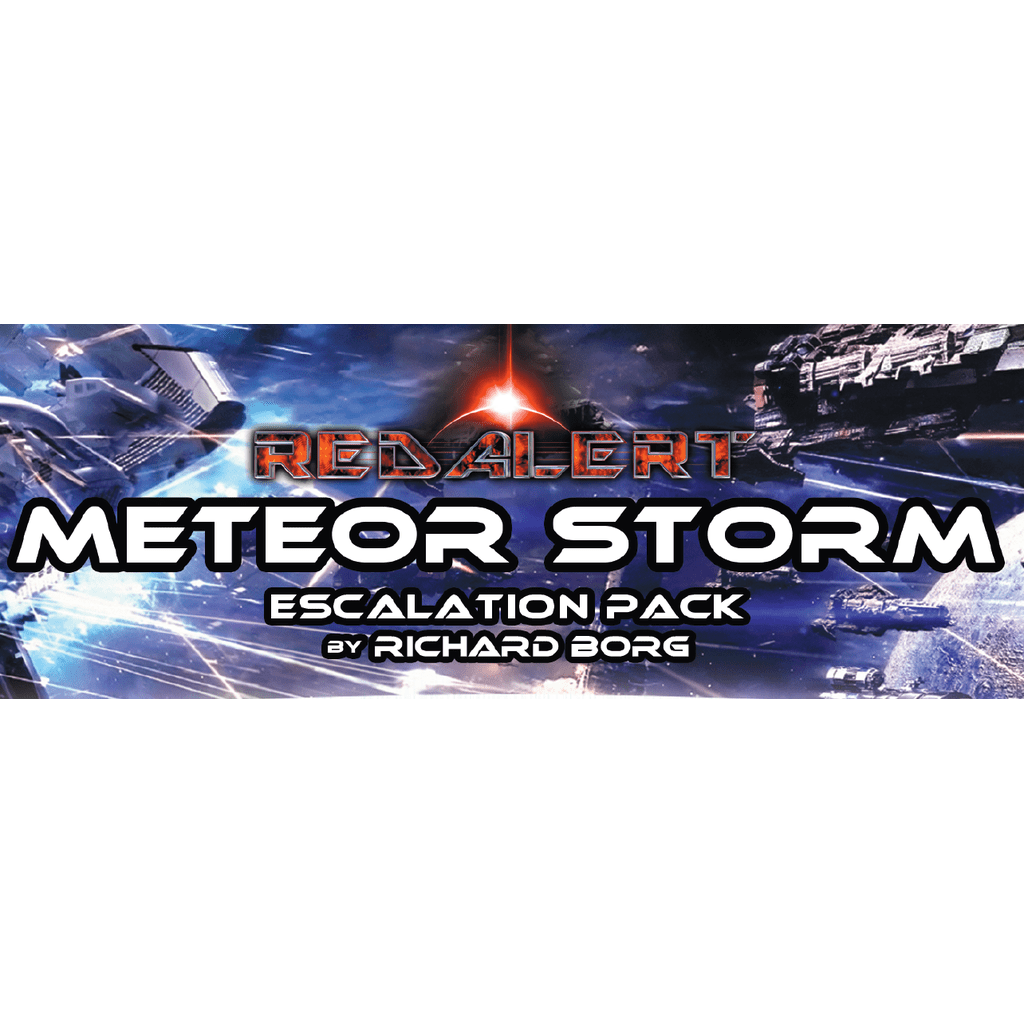 The Red Alert: Space Fleet Warfare – Meteor Storm Escalation Pack by PSC Games features a space-themed box with spaceships, meteors, cosmic debris, bright lights, and detailed starship models.