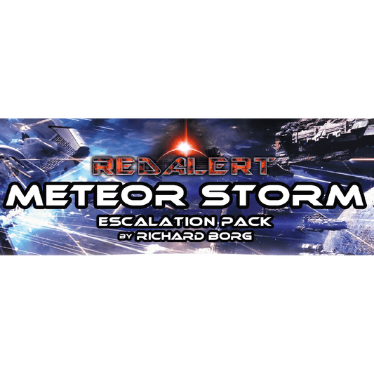 The Red Alert: Space Fleet Warfare – Meteor Storm Escalation Pack by PSC Games features a space-themed box with spaceships, meteors, cosmic debris, bright lights, and detailed starship models.