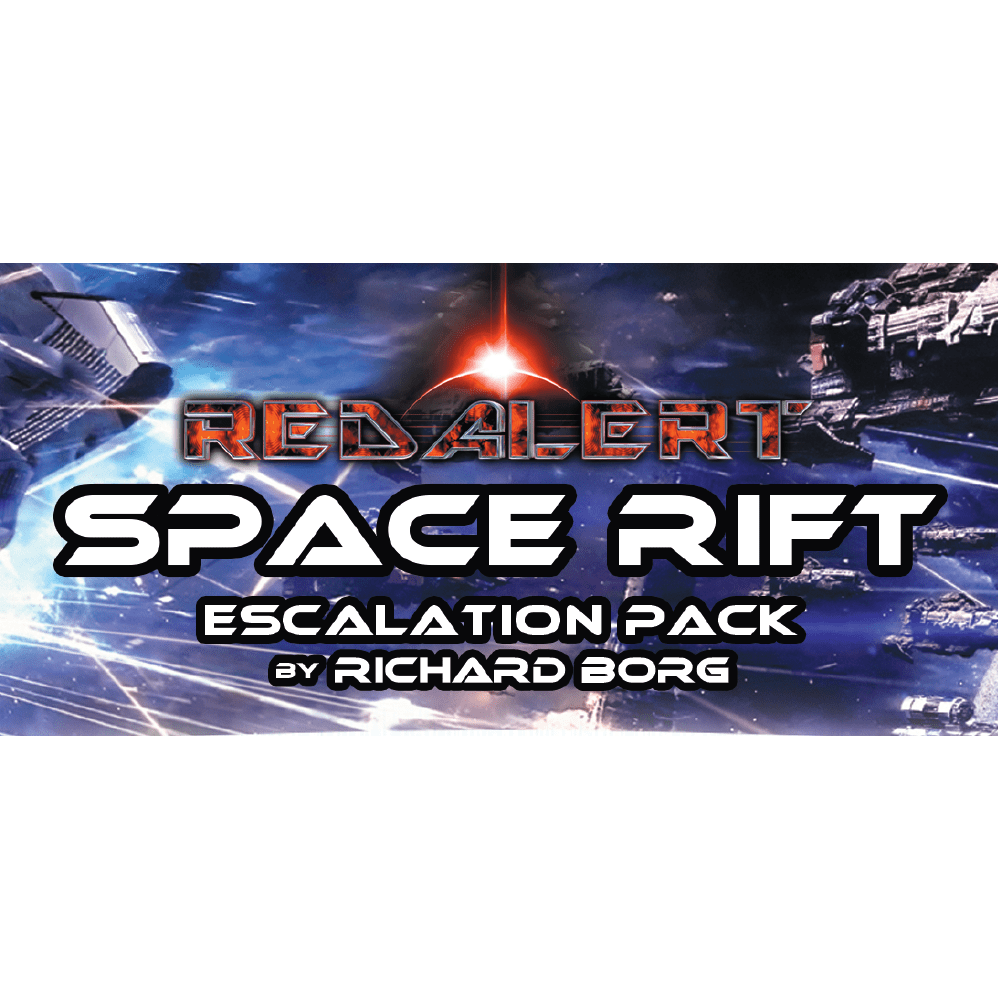 A sci-fi game cover shows starships battling with a red starburst. Text: “Red Alert: Space Fleet Warfare – Space Rift Escalation Pack by PSC Games,” an expansion for the Red Alert Space Fleet Warfare series.