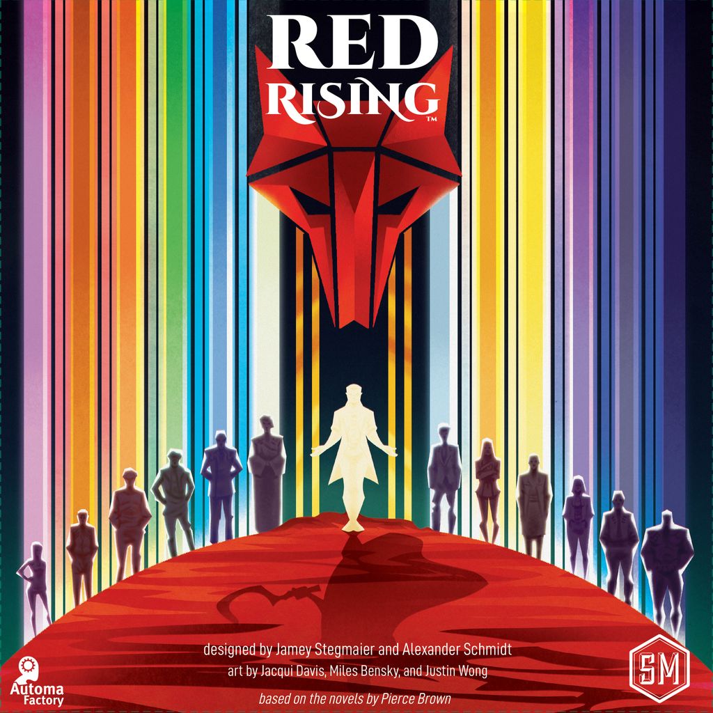 Colorful vertical lines frame a central figure in white walking up a red carpet toward a large red emblem, with shadowy figures on both sides. Text at the top reads "Red Rising" from Stonemaier Games.
