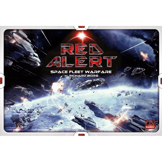 Box cover for PSC Games’ Red Alert: Space Fleet Warfare shows a thrilling outer space battle with starships, lasers, explosions, and asteroids, with the game’s title prominently displayed.