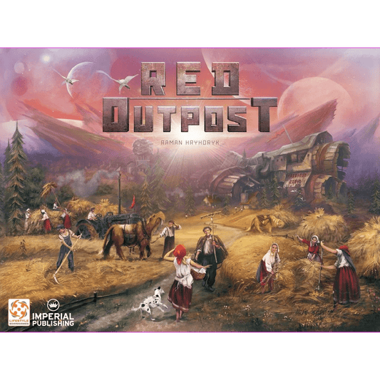 A rural group harvests wheat with animals and tools, while futuristic vehicles from a Soviet space mission appear under a red sky. "Red Outpost" by Lifestyle Boardgames is displayed above, hinting at resource management gameplay.