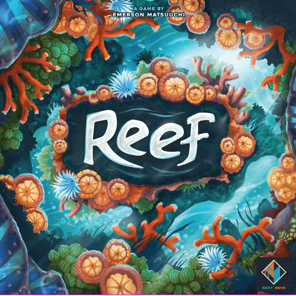 Illustrated cover for Reef NL/FR by Next Move Games, a strategy board game with colorful coral, sea plants, and starfish around the title on a blue underwater background. Designer and publisher logos are in the corners.