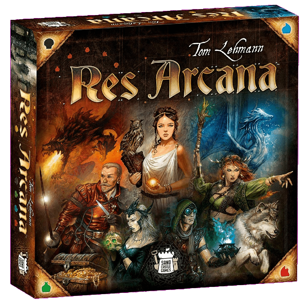 The box cover of Res Arcana by Sand Castle Games shows swirling magic essences around a woman in white with a glowing orb, a man in red armor, a green-clad mage, a blue-robed wizard, a wolf, and other magical creatures.