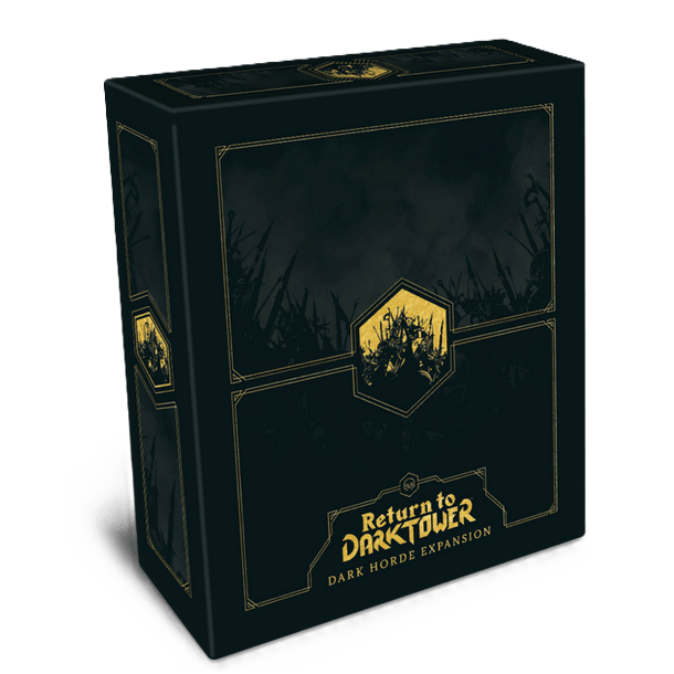 A black game box with gold accents from Restoration Games, labeled Return to Dark Tower: Dark Horde Expansion, features a shadowy horde illustration and detailed plastic figures displayed at the center.