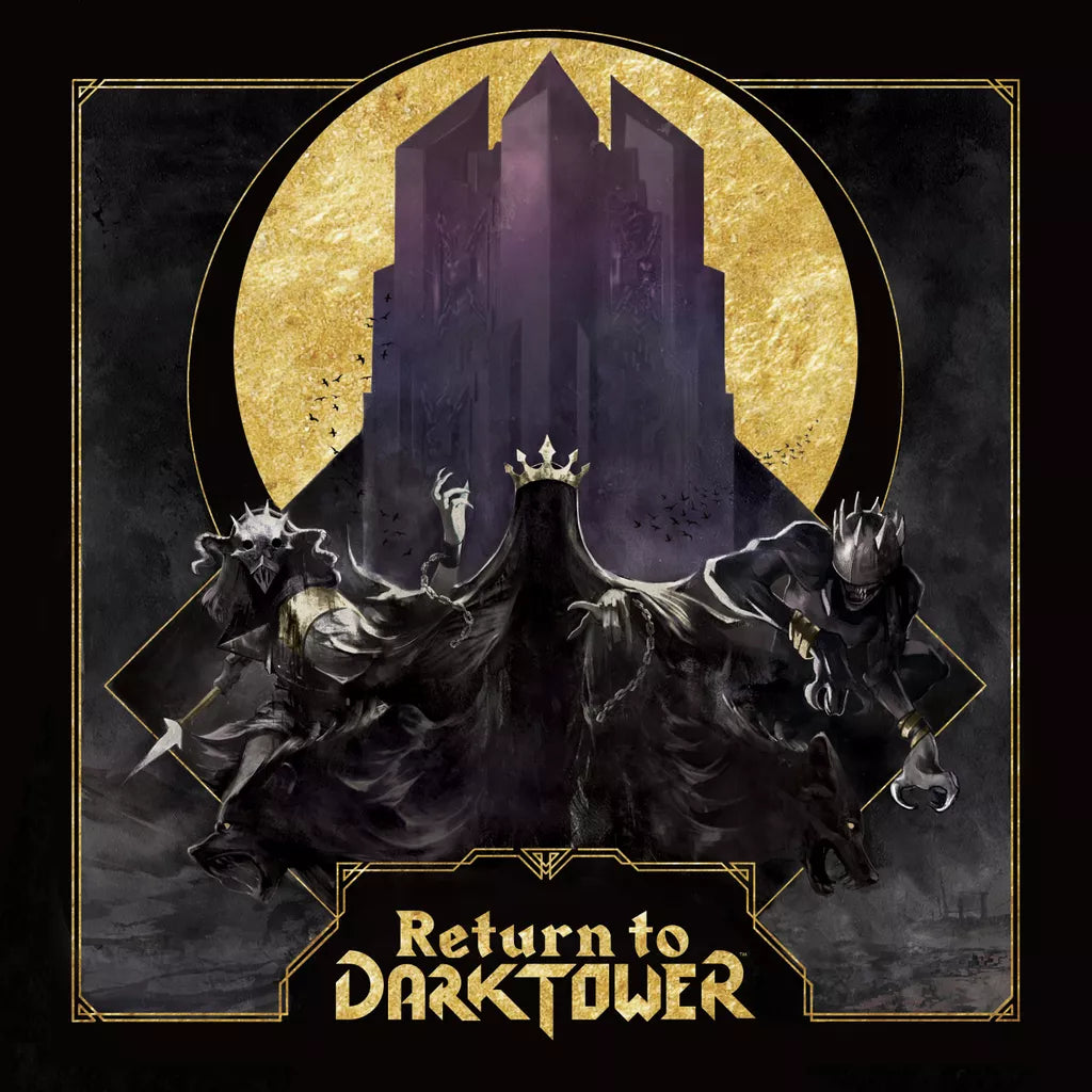 Three shadowy, crowned figures stand before a dark tower glowing with a golden moon—evoking the cooperative and competitive play of "Return to Dark Tower" by Restoration Games. Below, bold gold text reads: “Return to Dark Tower.”.