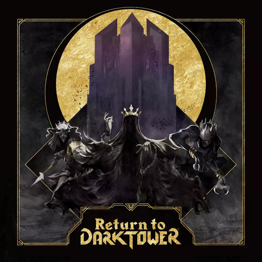 Three shadowy, crowned figures stand before a dark tower glowing with a golden moon—evoking the cooperative and competitive play of "Return to Dark Tower" by Restoration Games. Below, bold gold text reads: “Return to Dark Tower.”.