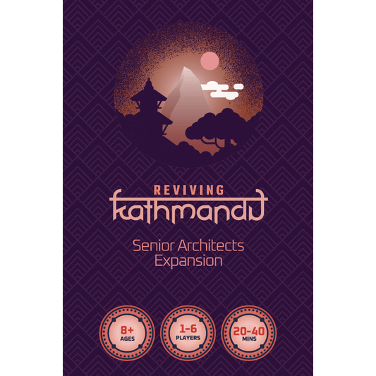Game box cover for Reviving Kathmandu: Senior Architects Expansion by Lemery Games shows a stylized sunset over mountains and a pagoda. Icons indicate it’s for 1-6 players, ages 8+, with games lasting 20-40 minutes.