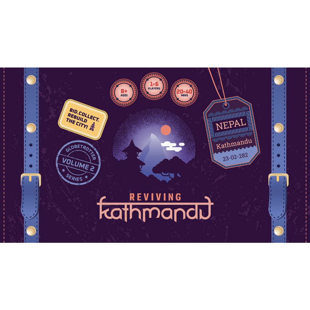 The illustrated game box cover looks like a suitcase, with travel badges, mountain and temple silhouettes, and labels referencing Nepal and Kathmandu for Reviving Kathmandu by Lemery Games—a set collection game for 1-6 players ages 8+.