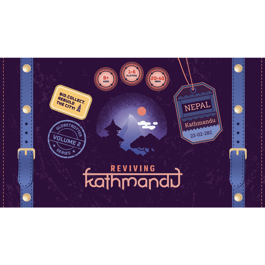 The illustrated game box cover looks like a suitcase, with travel badges, mountain and temple silhouettes, and labels referencing Nepal and Kathmandu for Reviving Kathmandu by Lemery Games—a set collection game for 1-6 players ages 8+.