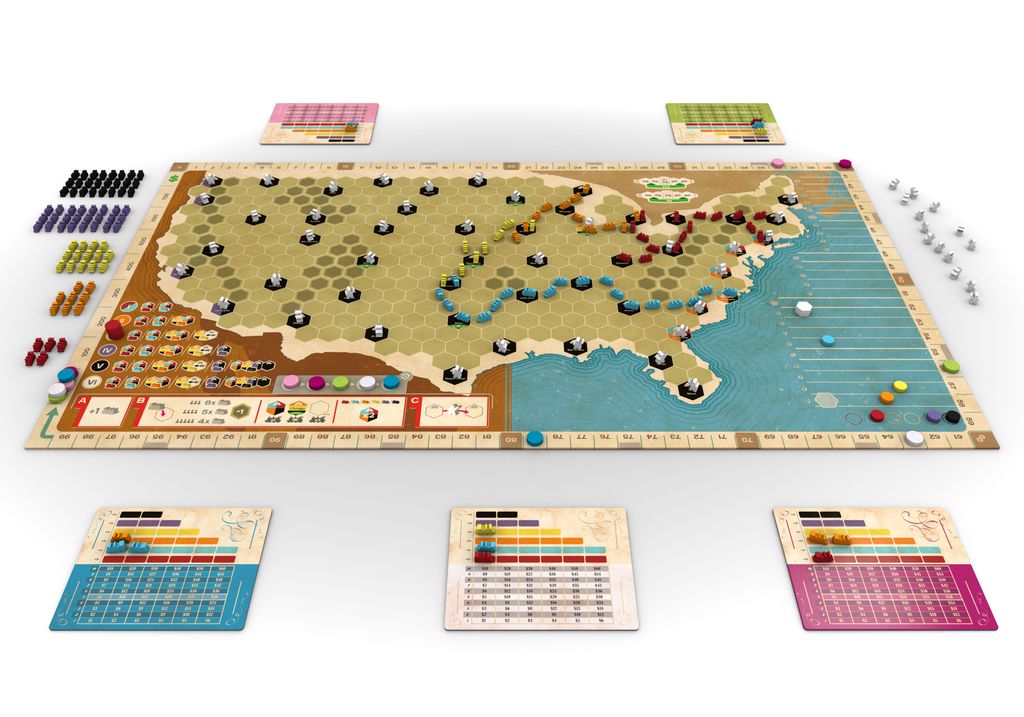 The Capstone Games Ride the Rails board game setup includes a US hex-map with colored routes, small tokens, player boards with score tracks, wooden pieces, cards, and markers arranged around the main railroad board.