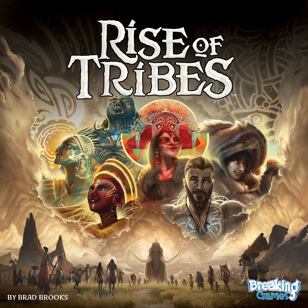 Cover art for Rise of Tribes by Breaking Games depicts diverse tribal leaders in traditional attire, ancient symbols, a tribal village, animals, and mountains, capturing the prehistoric theme of this board game.
