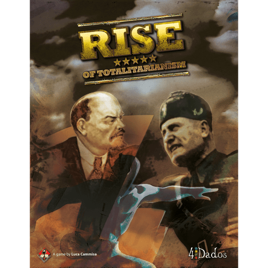The Rise of Totalitarianism board game by 4Dados features a cover with sepia images of two stern men in military uniforms—one capped, one bald—set before a smoky backdrop evoking hyperinflation-era turmoil.