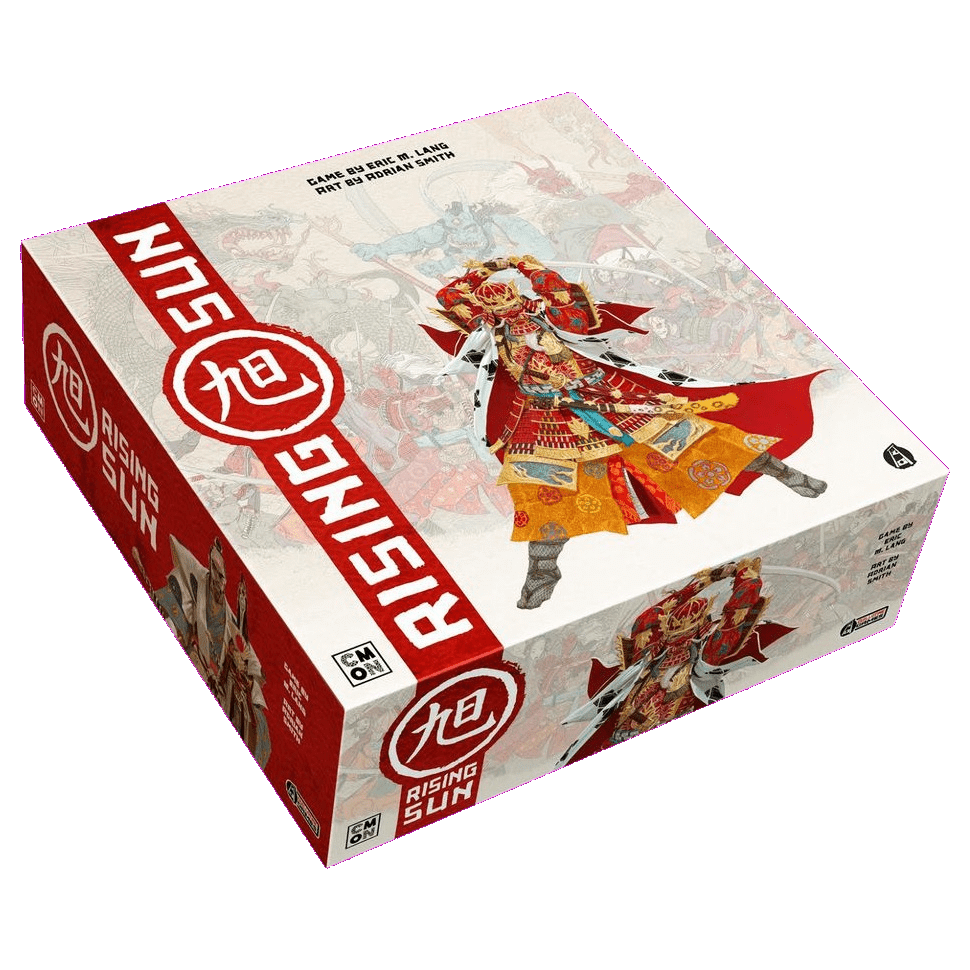 The image shows the box for Rising Sun by Cool Mini Or Not, inspired by feudal Japan. The box features bold red and white colors with artwork of an ornate samurai, and the Rising Sun title is prominently displayed.