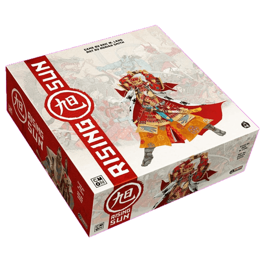 The image shows the box for Rising Sun by Cool Mini Or Not, inspired by feudal Japan. The box features bold red and white colors with artwork of an ornate samurai, and the Rising Sun title is prominently displayed.
