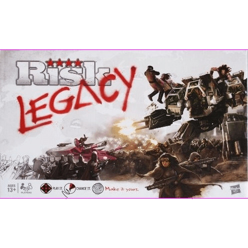 The cover of Avalon Hill's Risk Legacy features futuristic soldiers, a tank, and a large mech in battle, with the bold, red graffiti-style "Legacy" title highlighting this unique board game.
