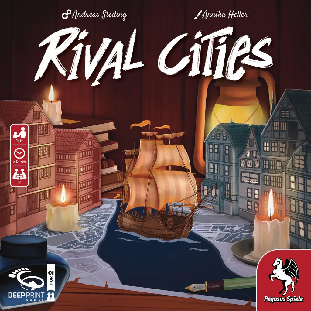 The cover of Rival Cities by Pegasus Spiele features lit candles, a parchment map, and a ship model between illustrated buildings under warm light, setting the mood for this city duel game. Game info and the Pegasus Spiele logo are on the left and bottom 